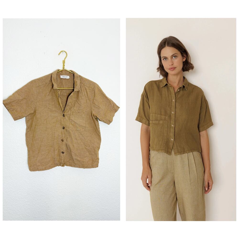 Indi & Cold Cotton Linen Cropped Buttondown Size XL Short Sleeve